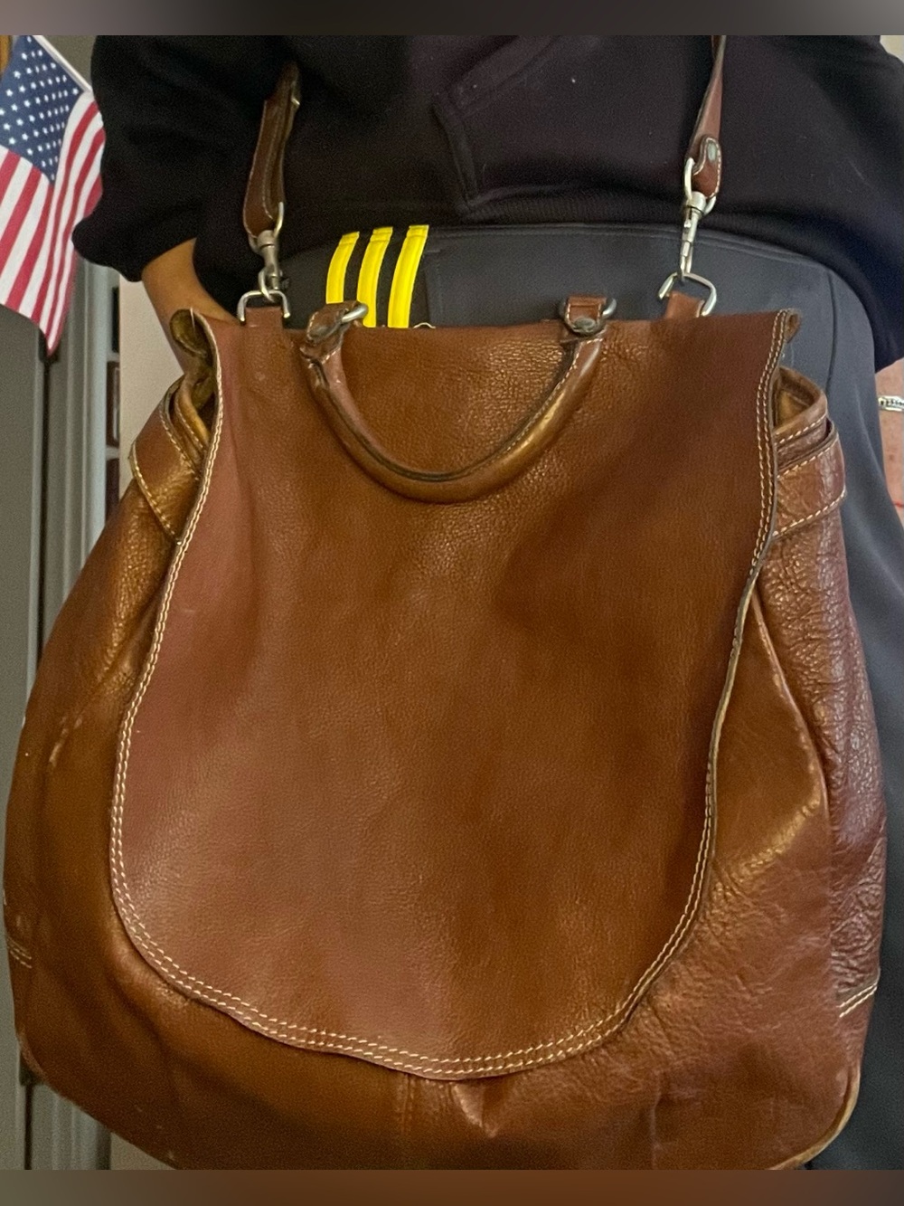 East West Leather Mailbag 70s Boho Slouchy Shoulder Bag Brown Cowhide Distressed
